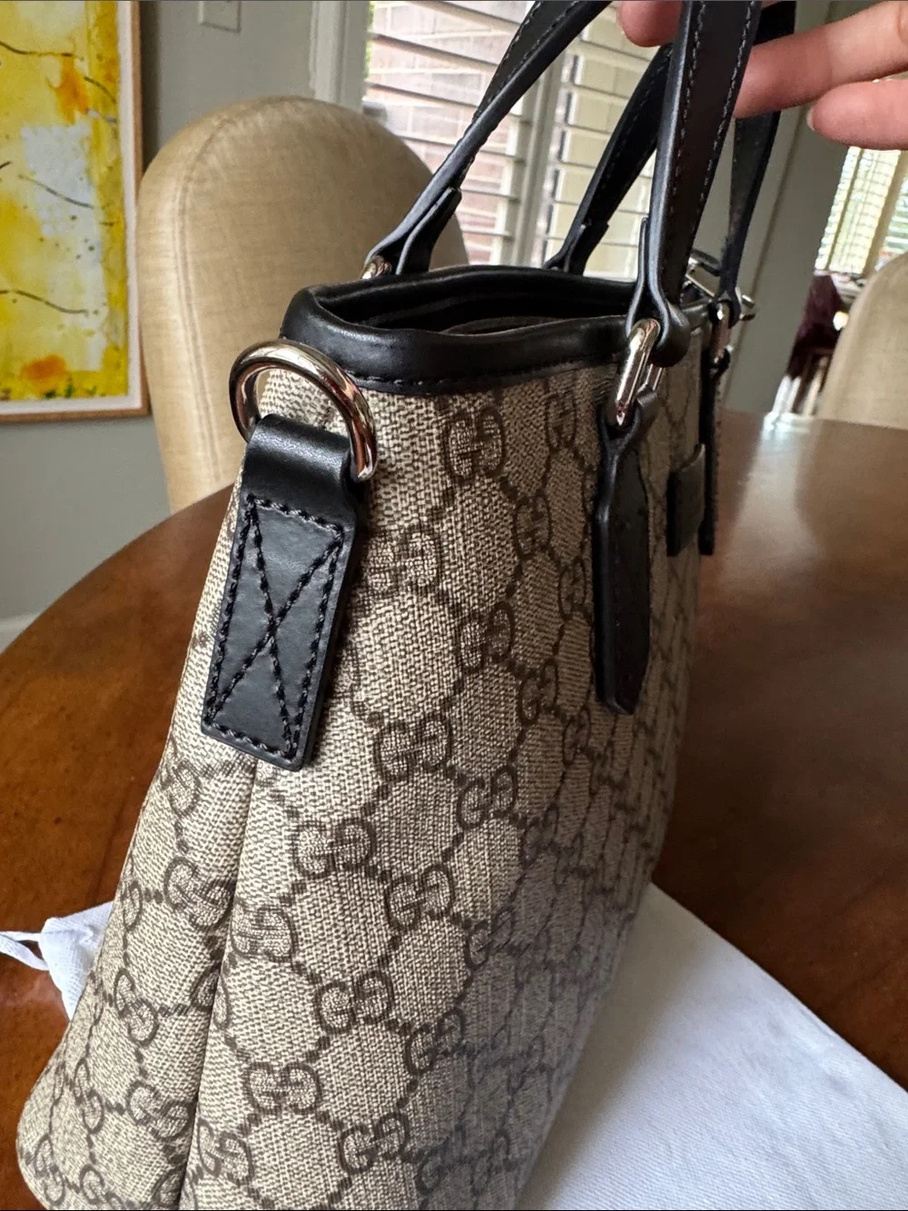 Gucci Beige GG Canvas Satchel with Black Leather Trim
